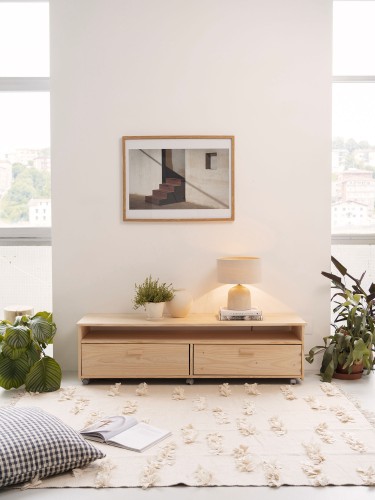 Meuble TV en bois avec deux tiroirs et roulettes | LUFE