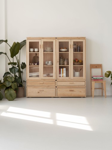 Vitrina expositora doble de cristal y madera con 4 cajones 157x161 LIBE | LUFE