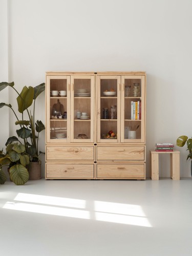 Vitrina expositora doble de cristal y madera con 4 cajones 157x171 LIBE | LUFE