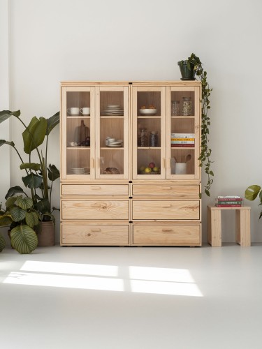 Vitrina expositora doble de cristal y madera con 6 cajones 157x188 LIBE | LUFE