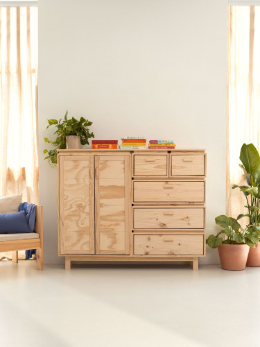 Buffet salon en bois naturel avec armoire et tiroirs | LUFE