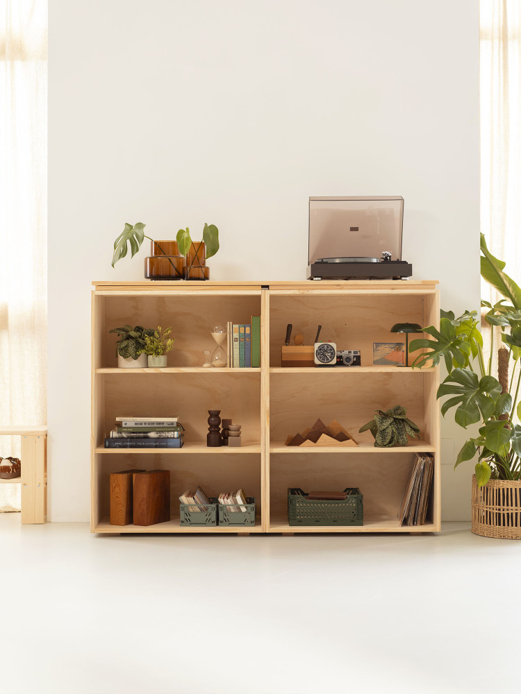 Estantería baja de madera natural con 2 módulos | LUFE 2