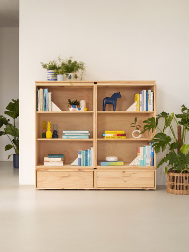 Scaffale libreria in legno naturale con cassetti | LUFE