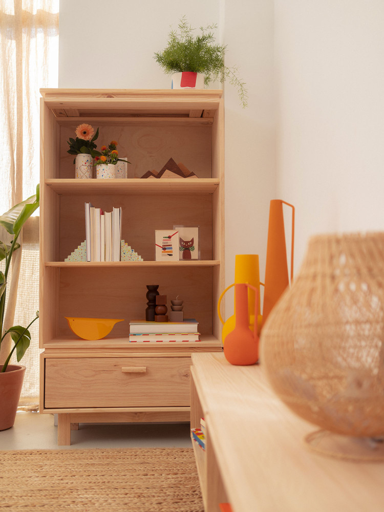 Estantería librería baja con cajón de madera natural | LUFE 2