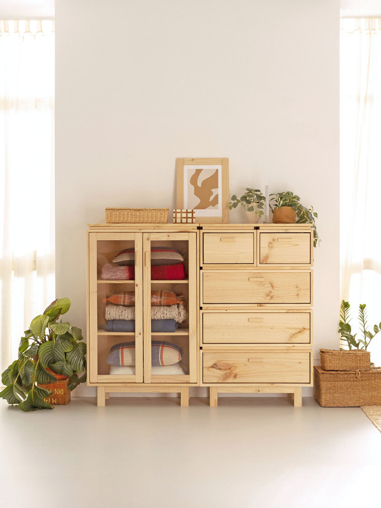 Vitrine double en verre et bois avec 5 tiroirs 157x128 AIKA | LUFE 2