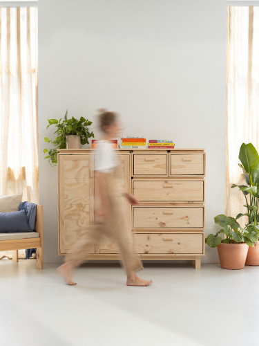 Buffet salon en bois naturel avec armoire et tiroirs | LUFE