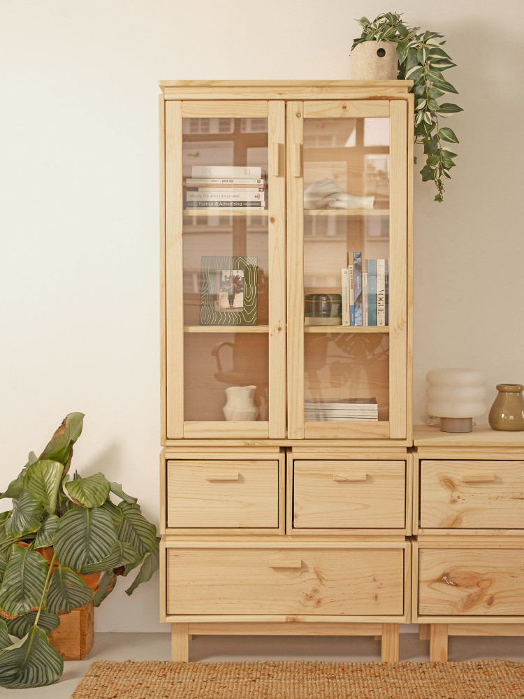 Vitrine en verre et bois avec 3 tiroirs 78x183 AIKA | LUFE 2