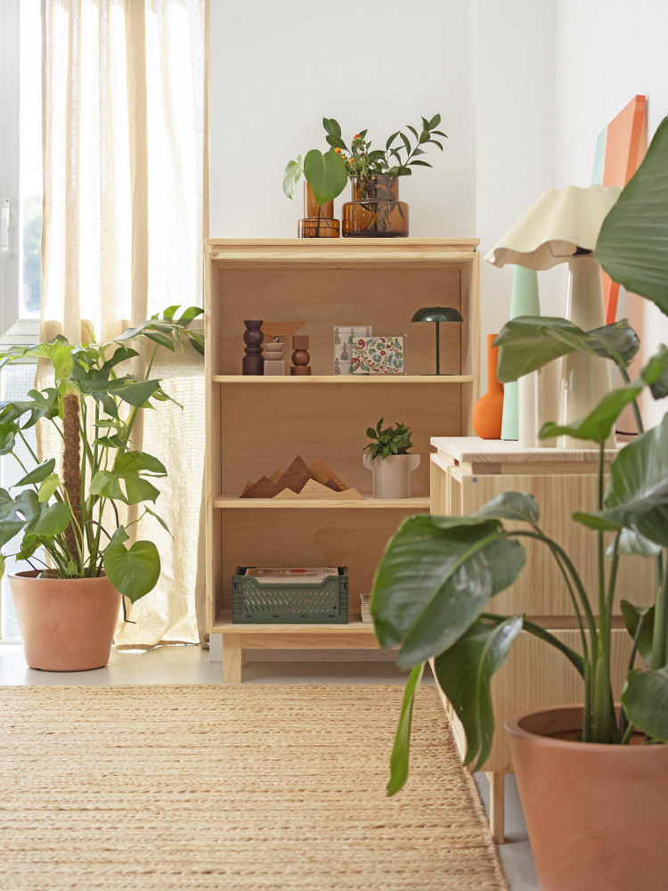 Scaffale libreria basso in legno naturale con gambe | LUFE 2