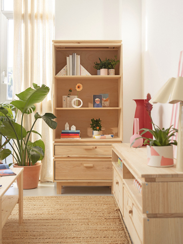 Scaffale libreria in legno con cassetti e gambe | LUFE 2