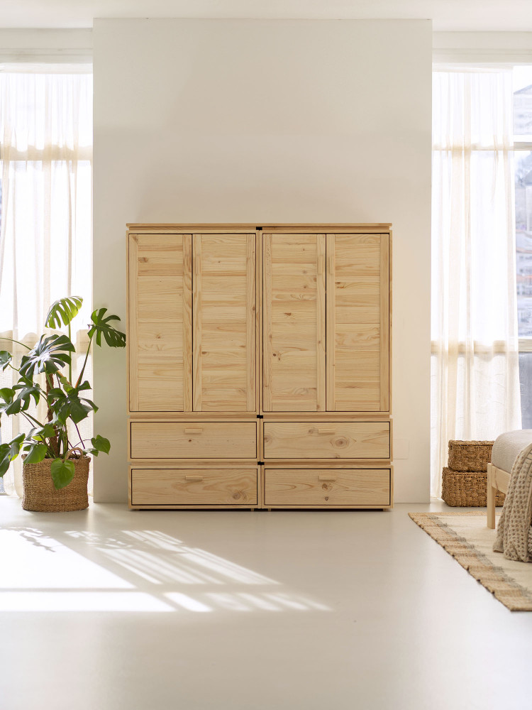 Armadio doppio in legno naturale con 4 cassetti | LUFE 2