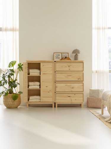 Buffet salon en bois massif avec armoire et 4 tiroirs | LUFE