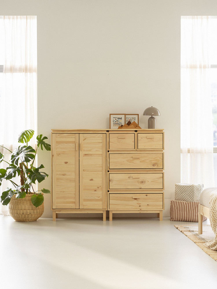 Buffet salon en bois naturel avec armoire et tiroirs | LUFE 2