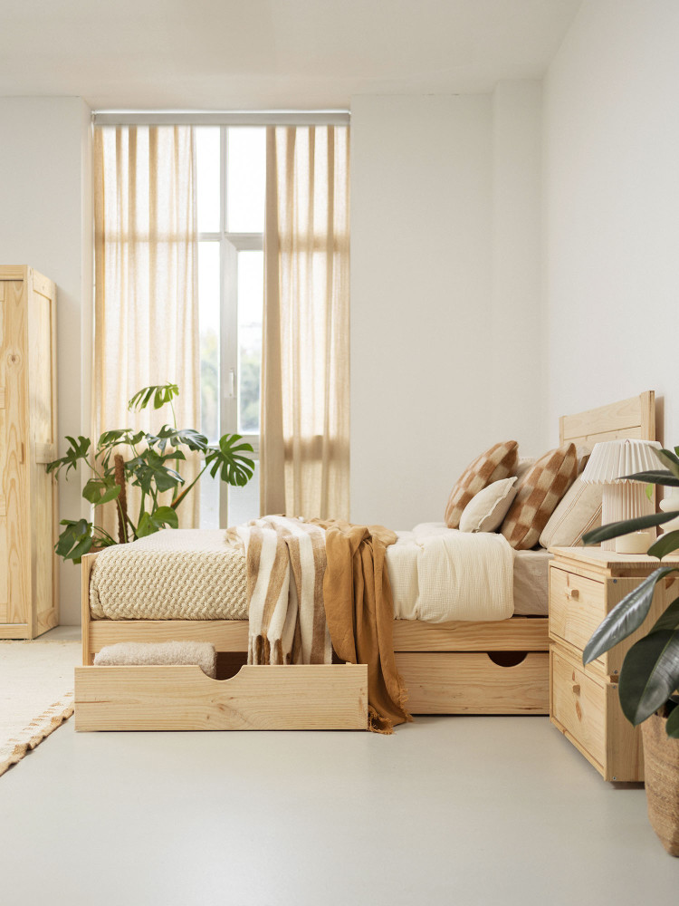Cama 140 de madera de pino con cajones estilo caserío | LUFE 2