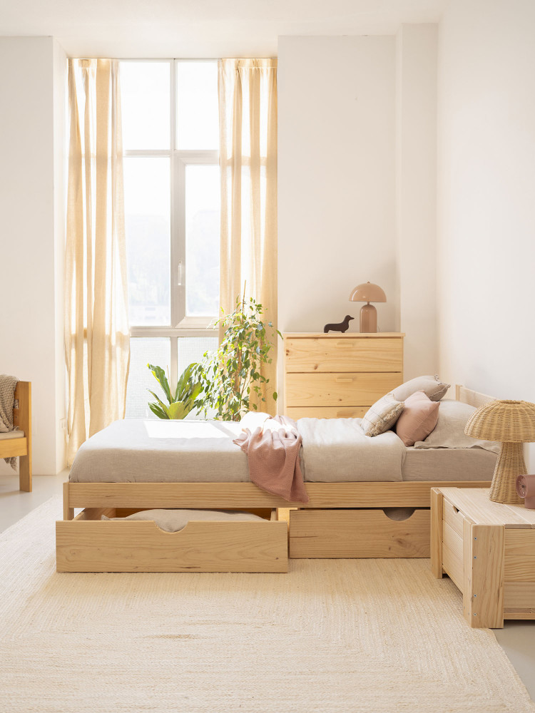 Lit simple de 105 en pin naturel avec tiroirs | LUFE 2